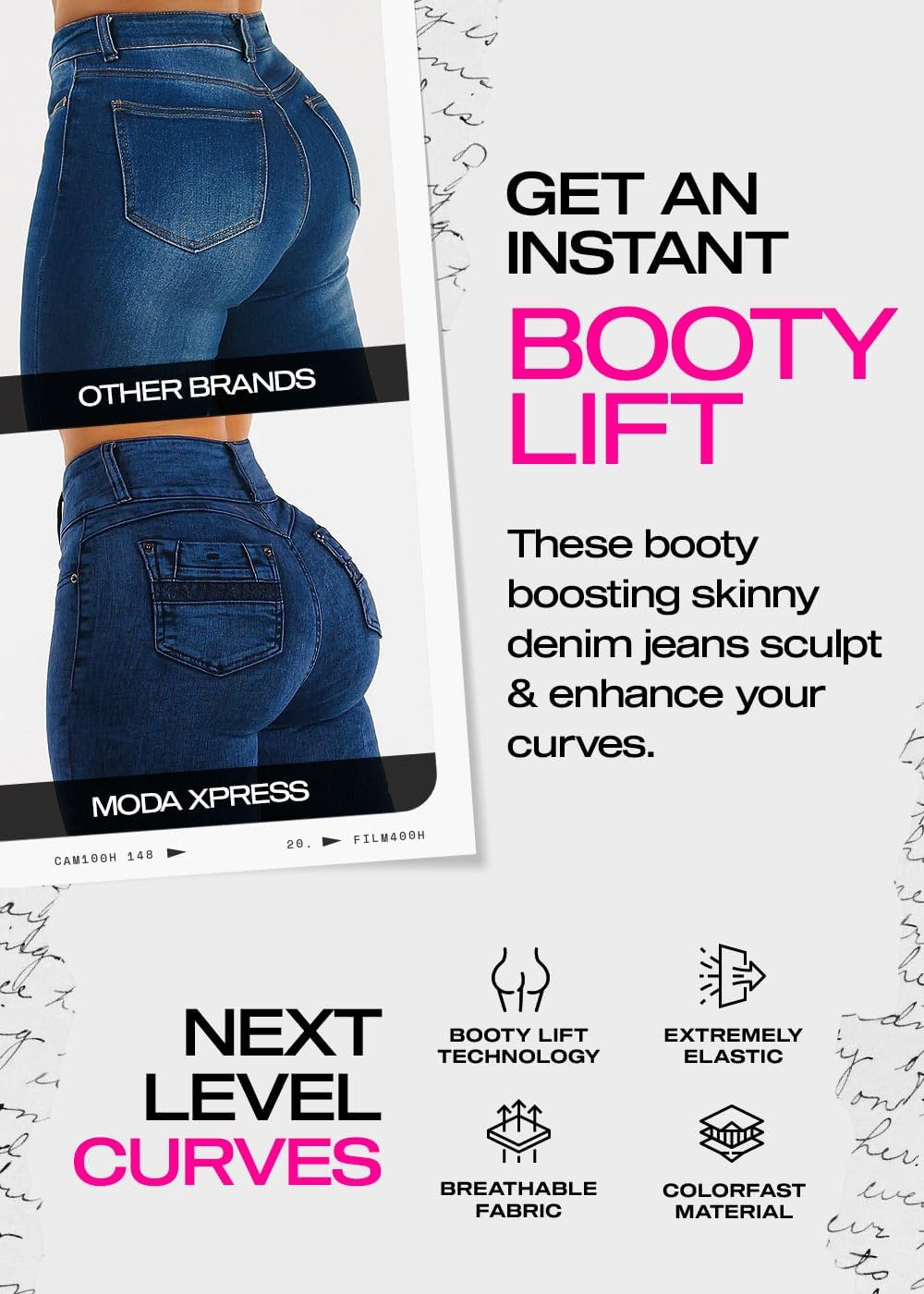 Moda Xpress Women Juniors High Waisted, Mid Rise Butt Lifting Colombian Design Skinny Jeans 10623N - Image 3