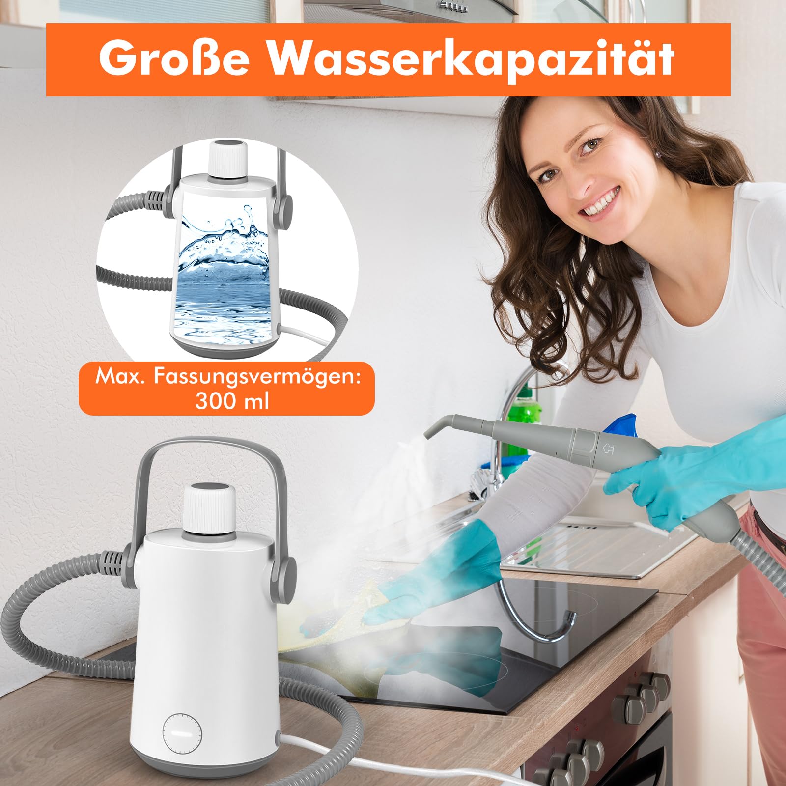 GOPLUS Ręczna myjka parowa, 1000 W, czas nagrzewania: 3 min, ciśnienie pary: maks. 3 bar, zbiornik 300 ml, do 95℃, Steam Cleaner do dywanów, sof, szkła i samochodu, w zestawie 10 akcesoriów (kolor