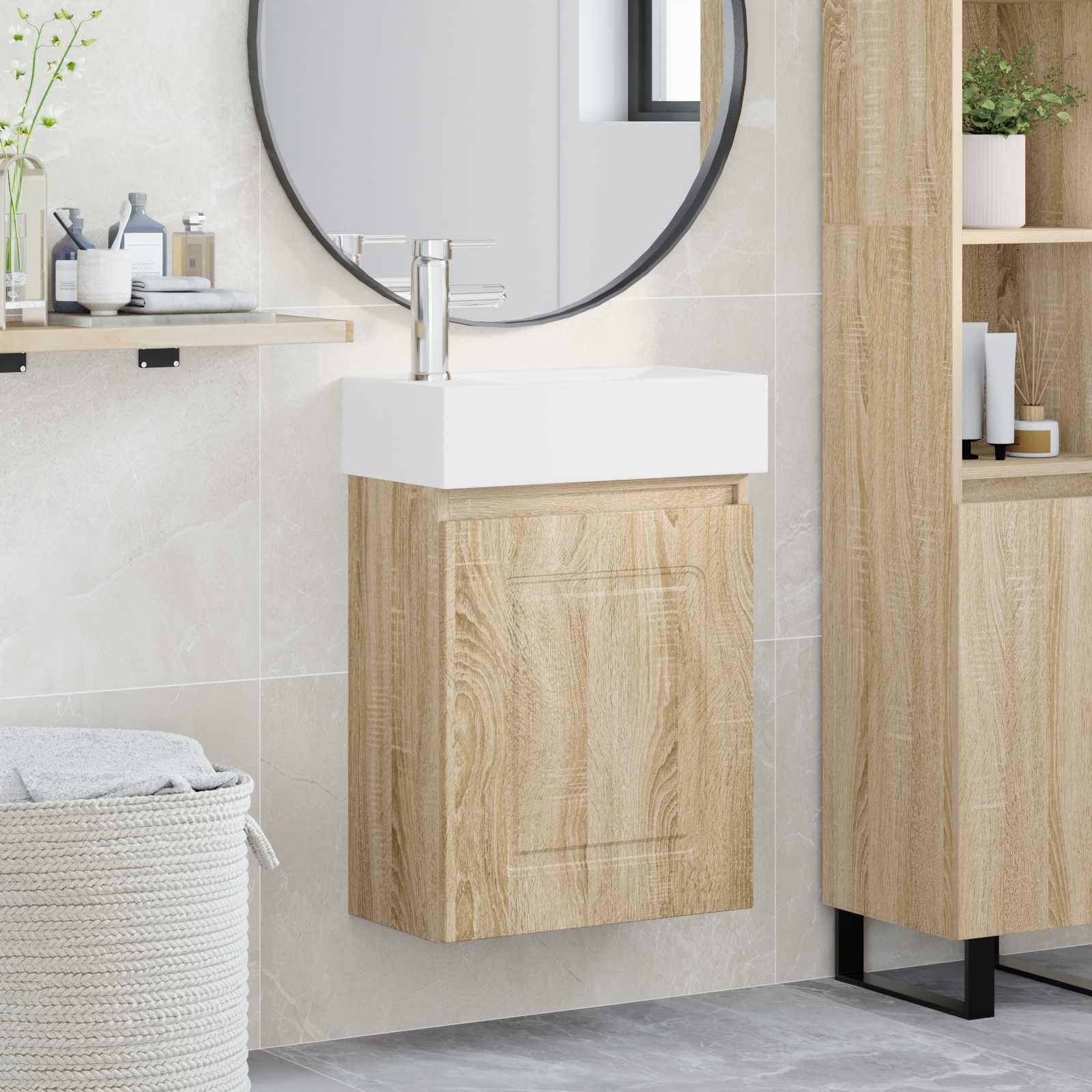 Fengshui Umywalka montowana na ścianie, 45,5 x 84 cm, z kranem | Materiał drewnopochodny z umywalką ceramiczną, odwracalna drzwi, odpływ ciśnieniowy z przelewem, srebrny kran mieszający