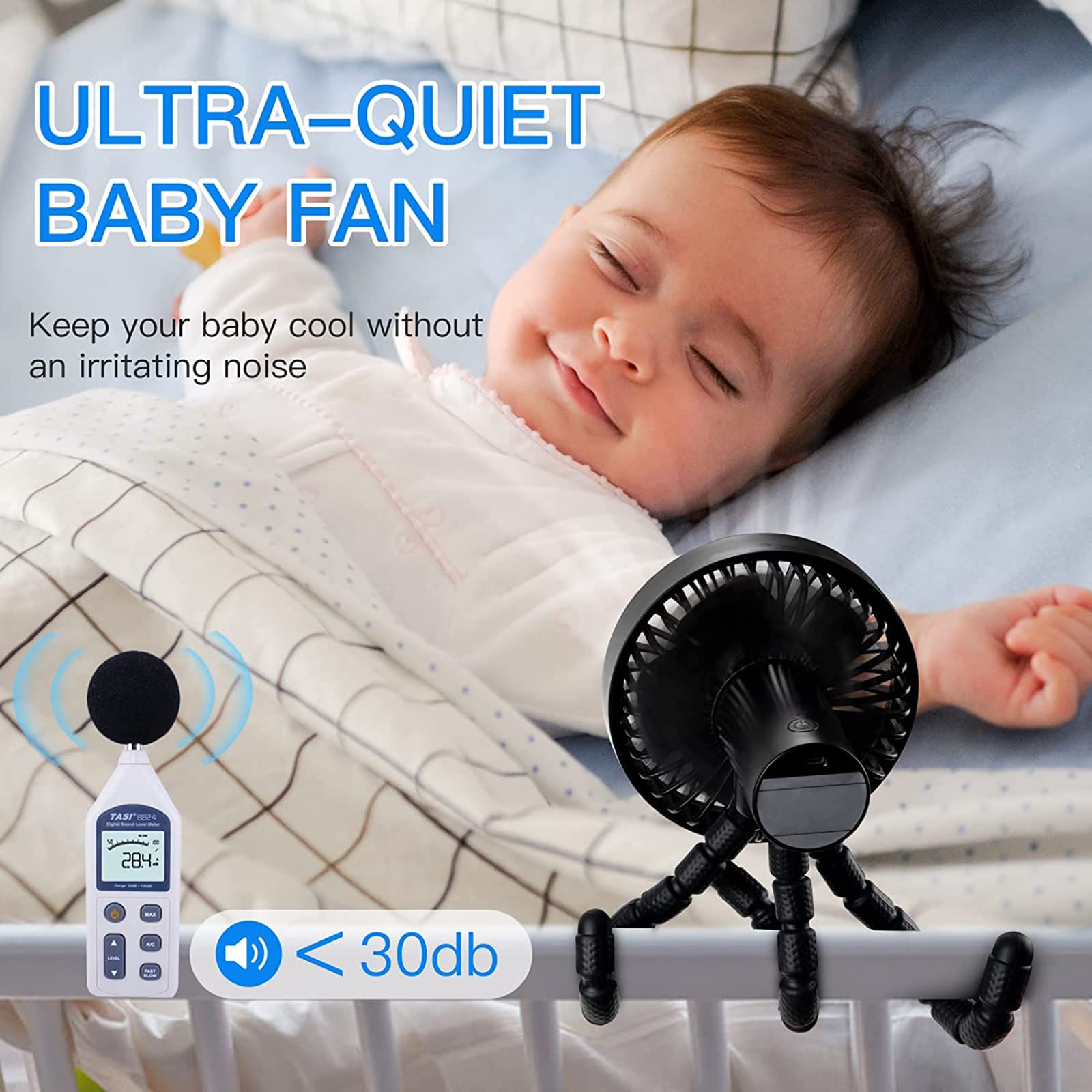 Funsland Ventilatore Portatile Passeggino, Pram Fan,Ventilatore USB a Treppiede Flessibile Mute Multifunzione, 3 Velocità Ventilatore a Ricaricabile, per Passeggino, Tapis Roulant, Tenda, ecc.(Nero)