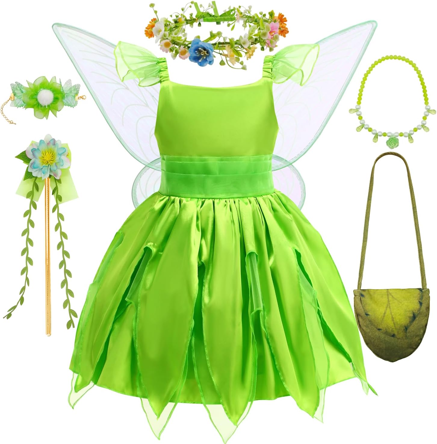 Kid Halloween Fairy Costume Set with Wings, Green Dress Floral Forest Suit, Girls Fantasy Dress Up