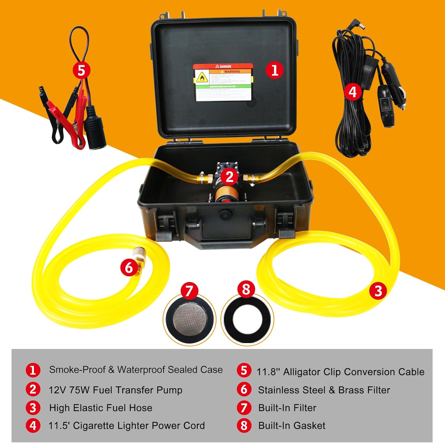 12V 75W Fuel Transfer Pump Kit, 110GPH Gas Transfer Pump with High Elastic Fuel Pipe & 2 Power Cables, Great for Vehicles, Boats, Equipment, Gasoline, Diesel (110GPH, SET)