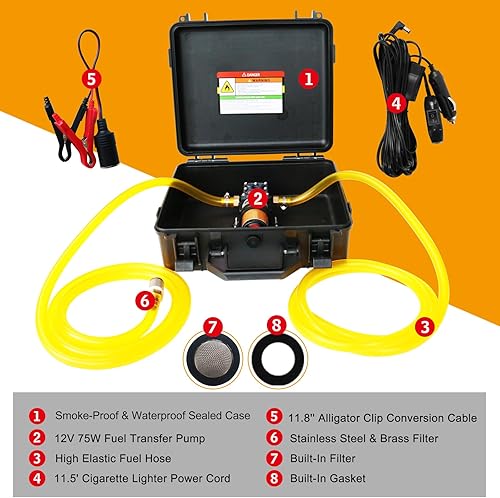 Miniatura 5 de Kit de bomba de transferencia de combustible de 12 V 75 W, mueve hasta 110 galones de gas o diésel por hora, con tubo de combustible de alta