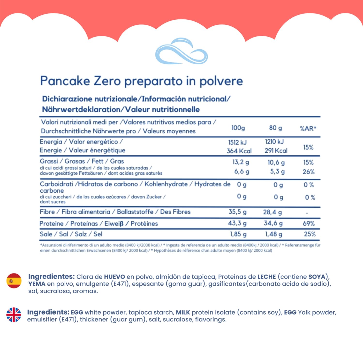 Nuvola Zero - Mezcla en polvo para Pancake, 360g x 12 Panqueques proteicos Sin carbohidratos, sin gluten, sin lactosa, sin azúcar, sin levadura, Made in Italy