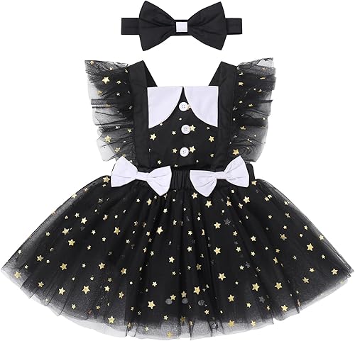 Traje de bebé recién nacida para el primer cumpleaños, vestido de príncipes, diadema de encaje, volantes, estrellas brillantes, para sesión de fotos