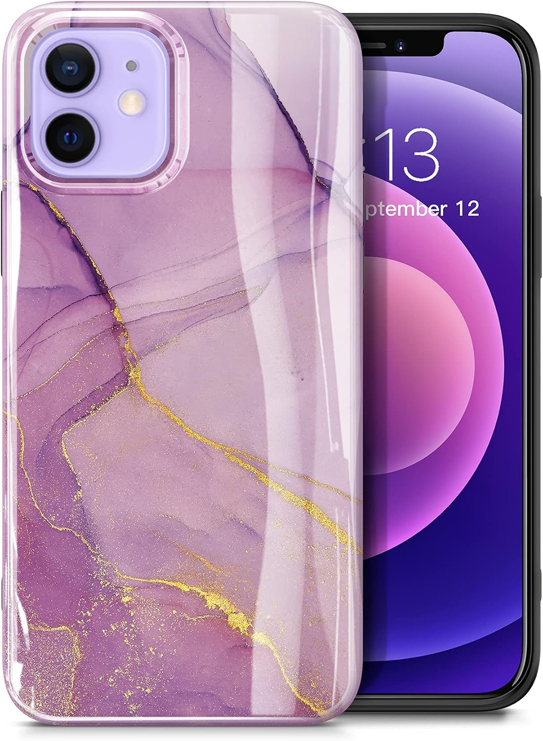 GVIEWIN Compatible with iPhone 12 Mini Case 5.4” 2020, Marble Slim Thin Glossy Soft TPU Rubber Gel Flexible Protective Women Phone Cover (Romantic Purple)