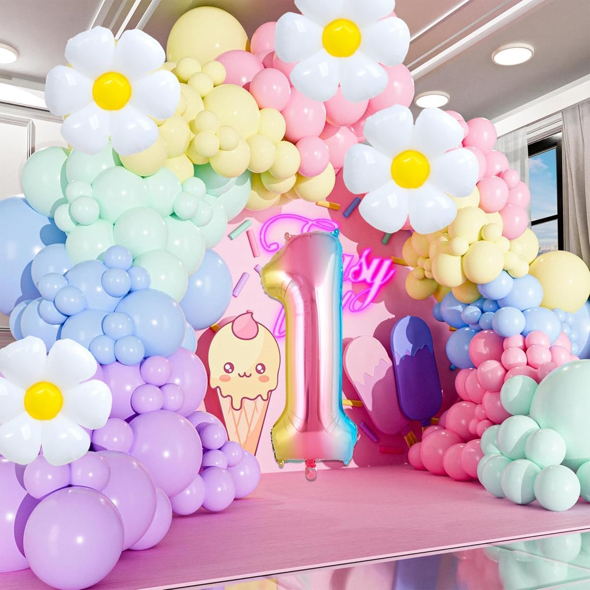 Happy 1st Birthday Decorations Girl, Pastel Happy Birthday Banner, Rainbow Gradient 1 Balloon Number 40 Inch, Number 1 Balloon For Pastel Birthday Decorations