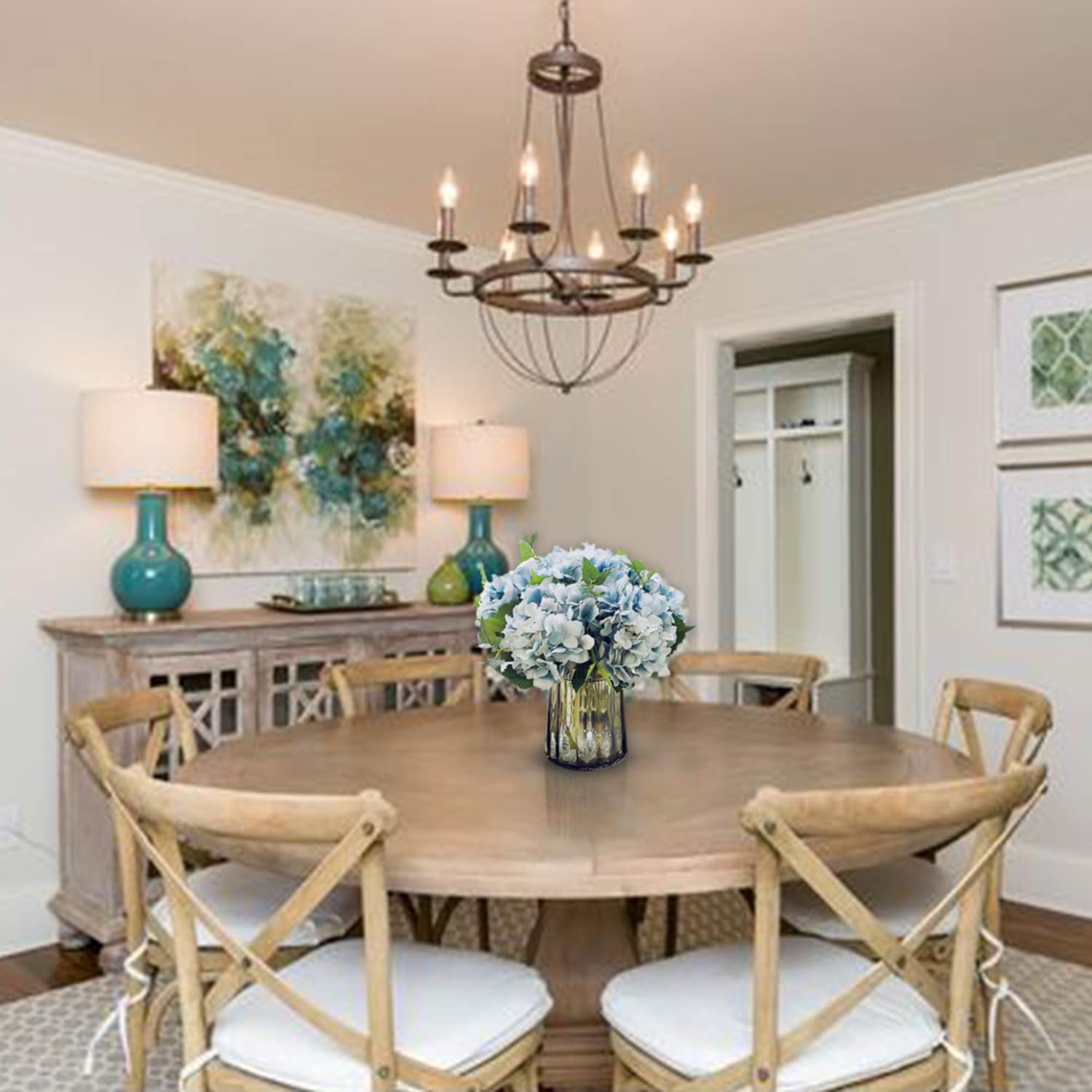 GREENTIME 3 Pack Artificial Blue Hydrangea Flowers Faux 17.7 Inches Hydrangea Stems for Wedding Bouquet Party Home Centerpiece Decor