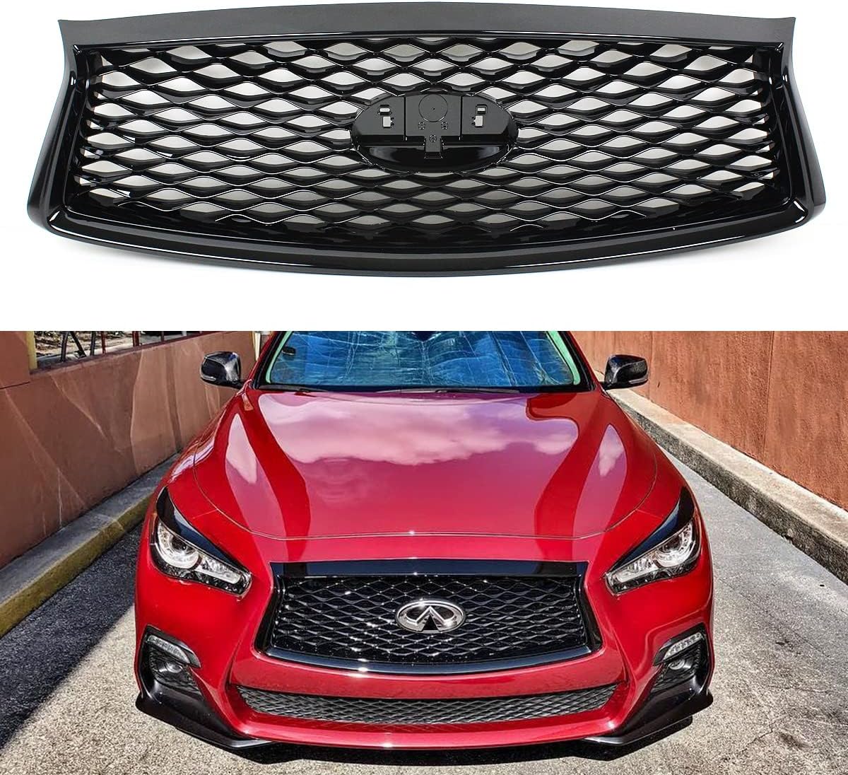 JDM Glossy Black Out Front Bumper Upper Grille Replacement - Without Sensors Holes Compatible With 2018-2021 Infiniti Q50