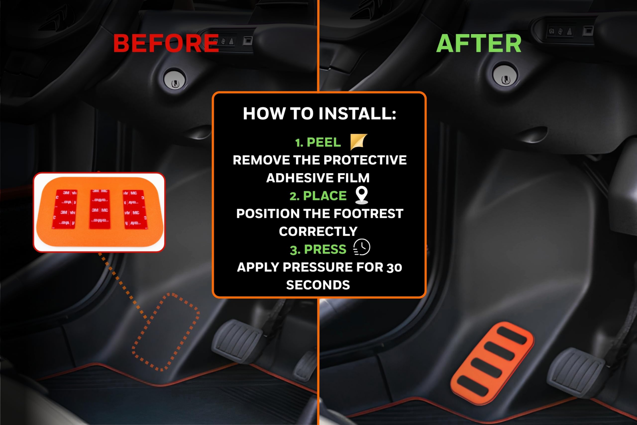 Reposapiés compatible con Citroen AMI – Reposapiés del conductor – Accesorio interior de coche – Protector de plataforma lado izquierdo naranja y negro – Montaje sin agujeros
