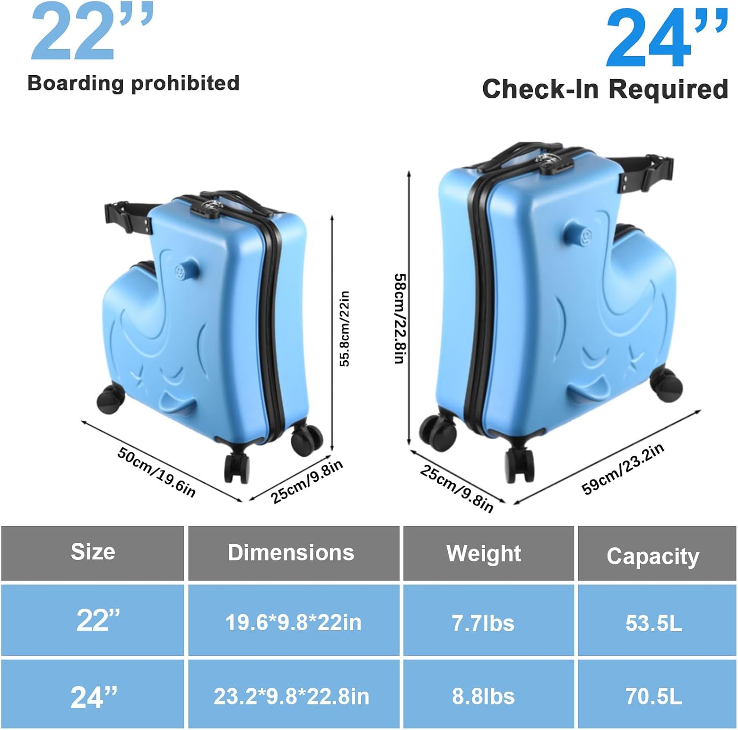 22" Ride On Suitcase for Kids 3-6, Kides Ride Suitcase W Safety Belt, Kids Carry Luggage With Silent Wheels, Kides Luggage Combination Lock for Children, Equipped With Handlebars Pedals