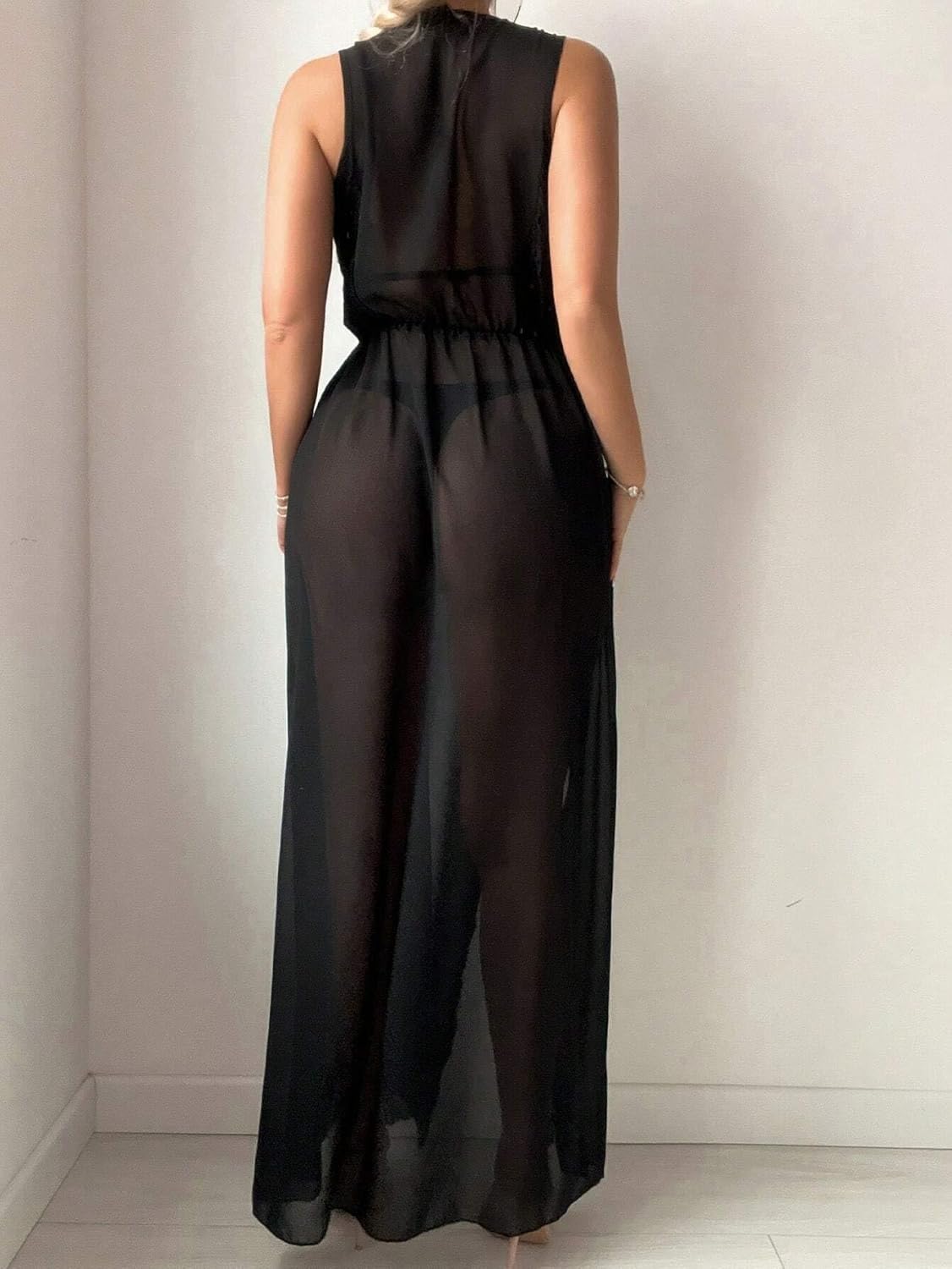swimsuit coverup for women Deep V-Neck High Slit Sleeveless Cover Up Dress