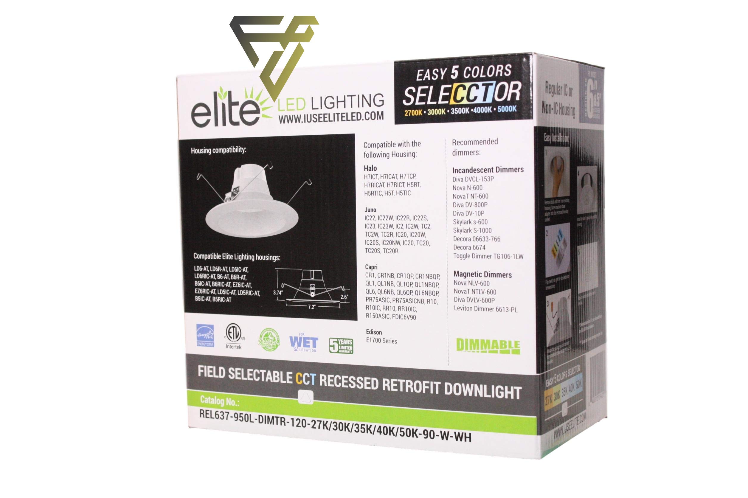 Ceiling Light Elite 6 Pack REL637-CCT Series LED Retrofit Baffle Trim ...