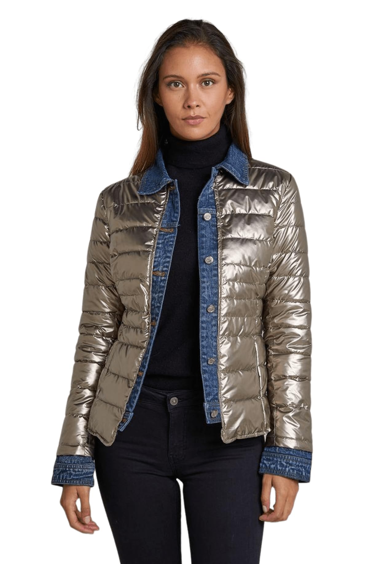 Miro Boho Chic New York 88 Veste matelassée pour femme bi-matière Denim et métallisé