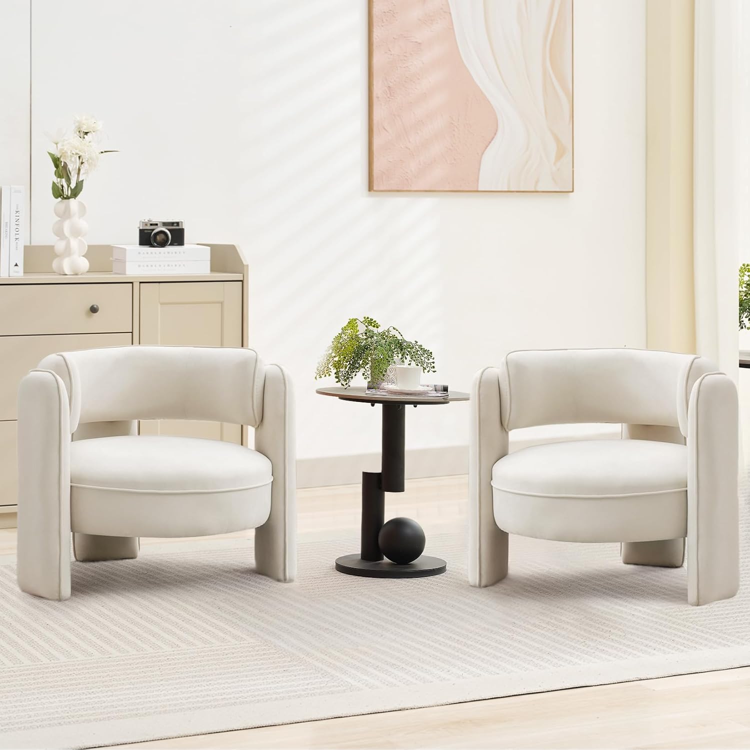 GarveeHome Modern Accent Chair With Velvet Fabric, Mid Century Barrel Armchair for Living Room, Comfy Upholstered Accent Sofa Chair With Armrest, Boucle Chair for Bedroom Apartment Office Study, Beige