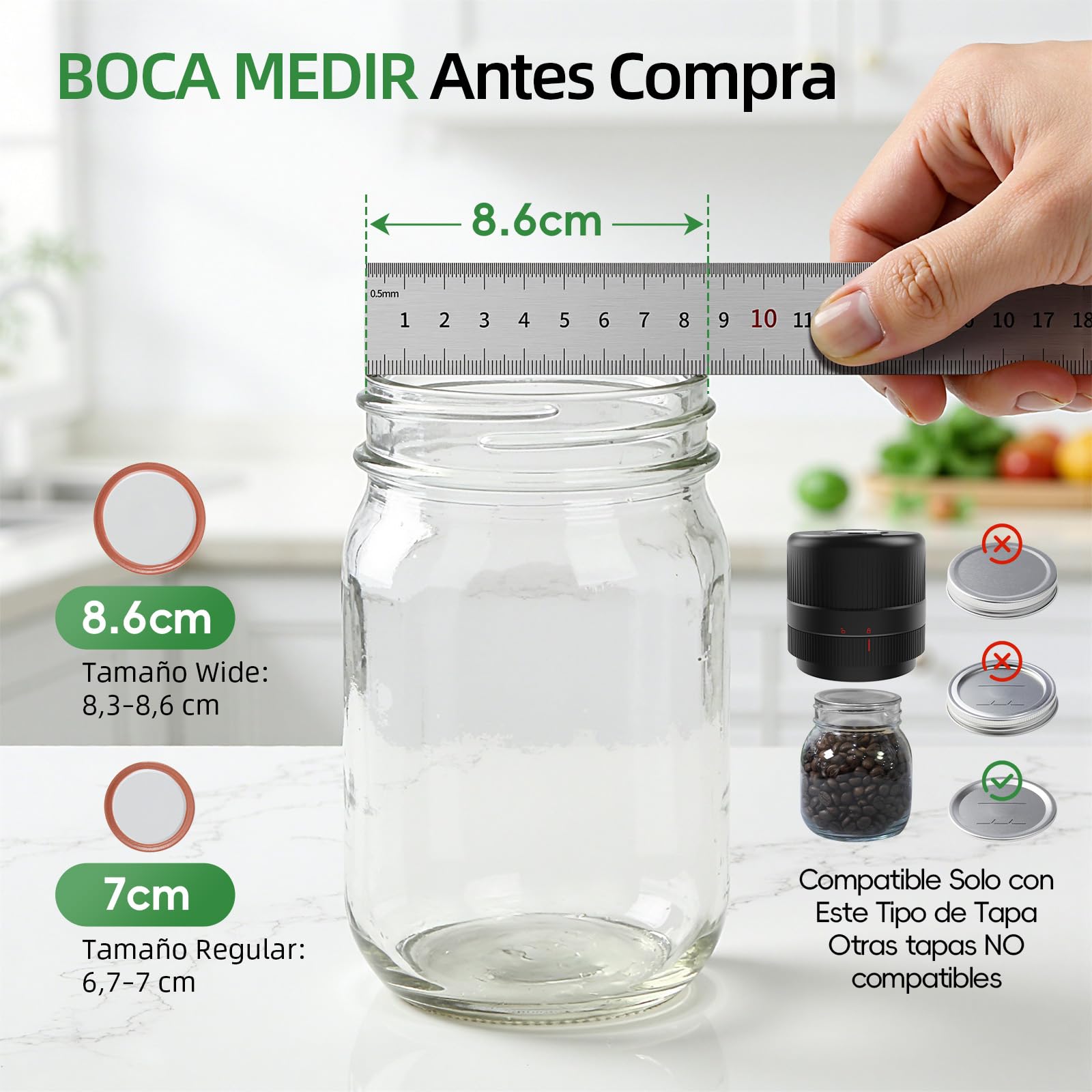 Envasadora al Vacio para Tarros Cristal, Sellador al Vacío Mason Jar, Mason Jar Vacuum Sealer, Parada Automática, Tarros Mason para Conservación y Fermentación de Alimentos, Negro Profundo