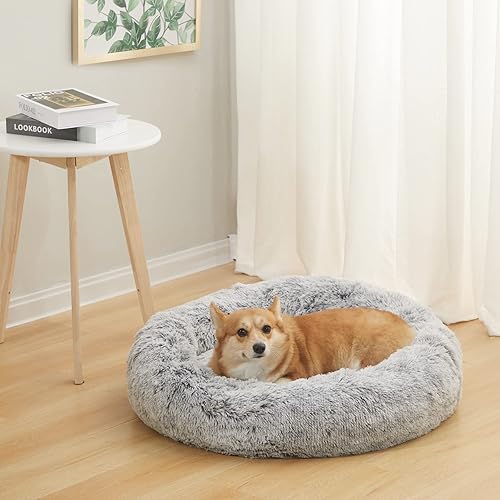 Miniatura 2 de Bedfolks Cama calmante en forma de dona, camas redondas y esponjosas de 30 pulgadas para perros medianos, cama de felpa antiansiedad, lavable a