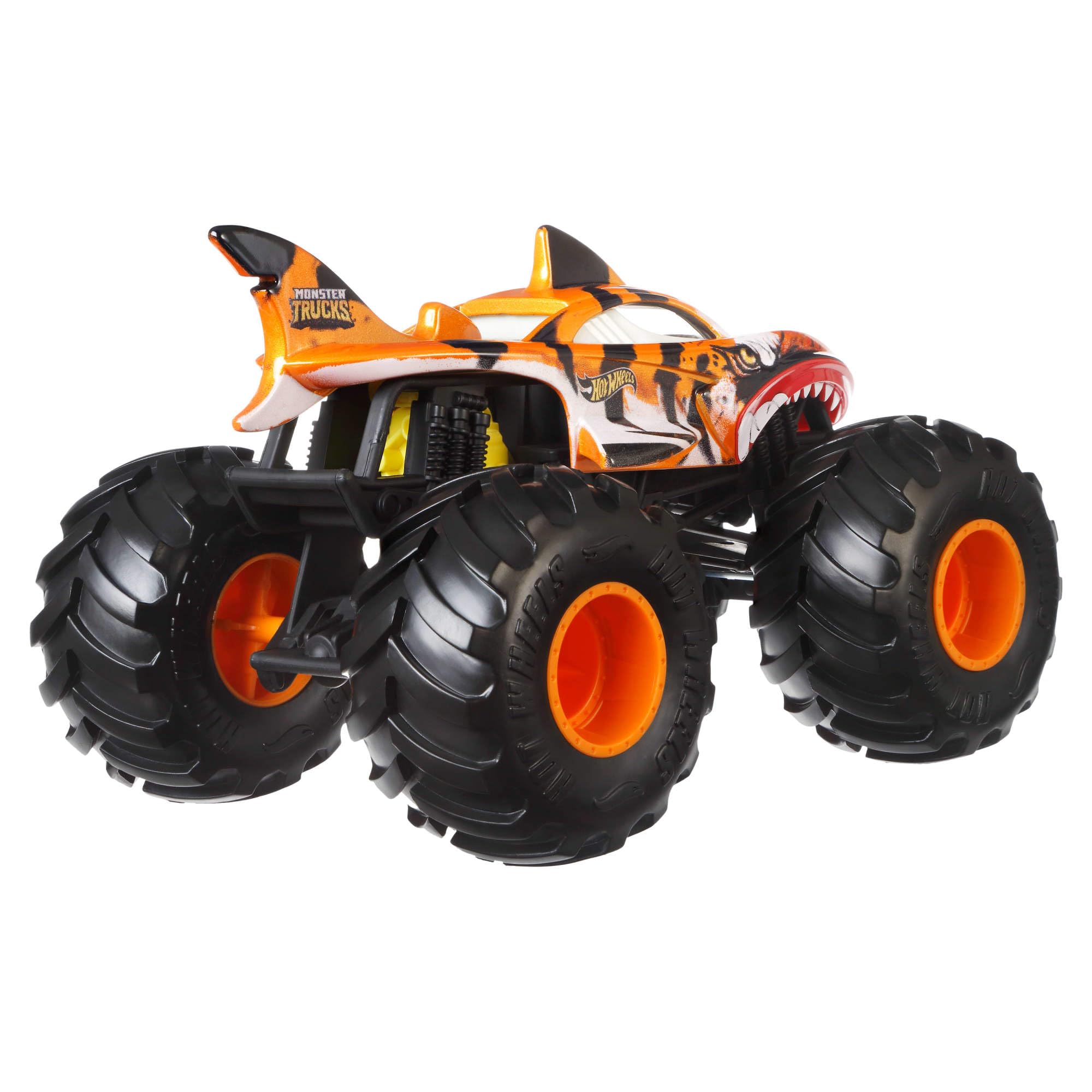 Hot Wheels Monster Trucks - Tiger Shark Oversize, Veicolo in Scala 1:24 con Ruote giganti e carrozzeria in Metallo, Perfetto per Le acrobazie, Giocattolo per Bambini, 3+ Anni, JDR02
