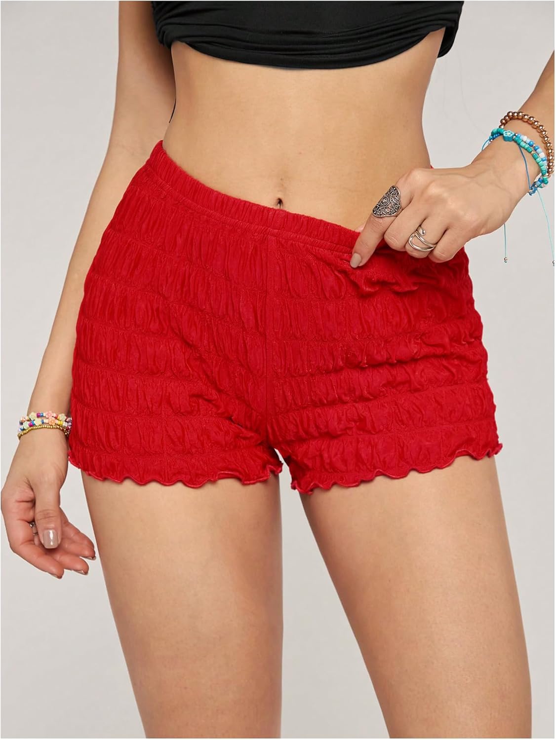SHENHE Women's Ruffle Mini Shorts Textured Straight Leg Elastic Waist Frilly Bodyshorts Booty Shorts - Image 4