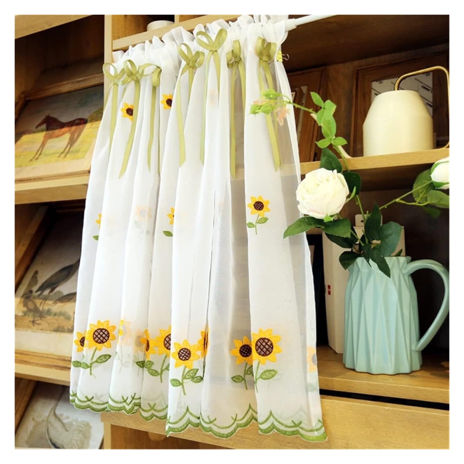Rideaux en Voile, Rideau de Cuisine brodé à Fleurs, Rideau Court en Voile Transparent(W x H 100 x 130cm)