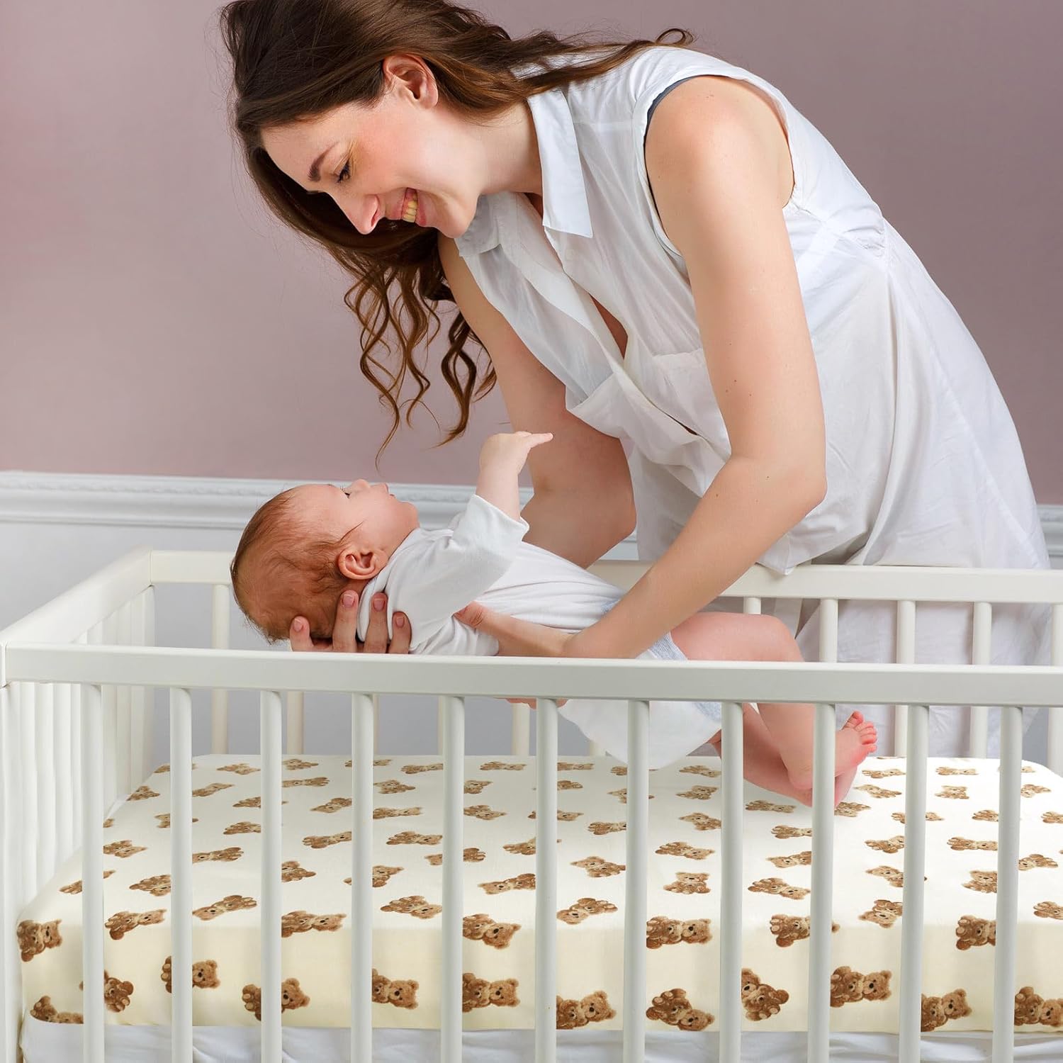 LifeTree Crib Sheets for Baby Unisex - Muslin Fitted Crib Sheets Toddler Bed Sheet, 70% Viscose from Bamboo and 30% Cotton, Fits Standard Crib, Bear, 28in x 52in