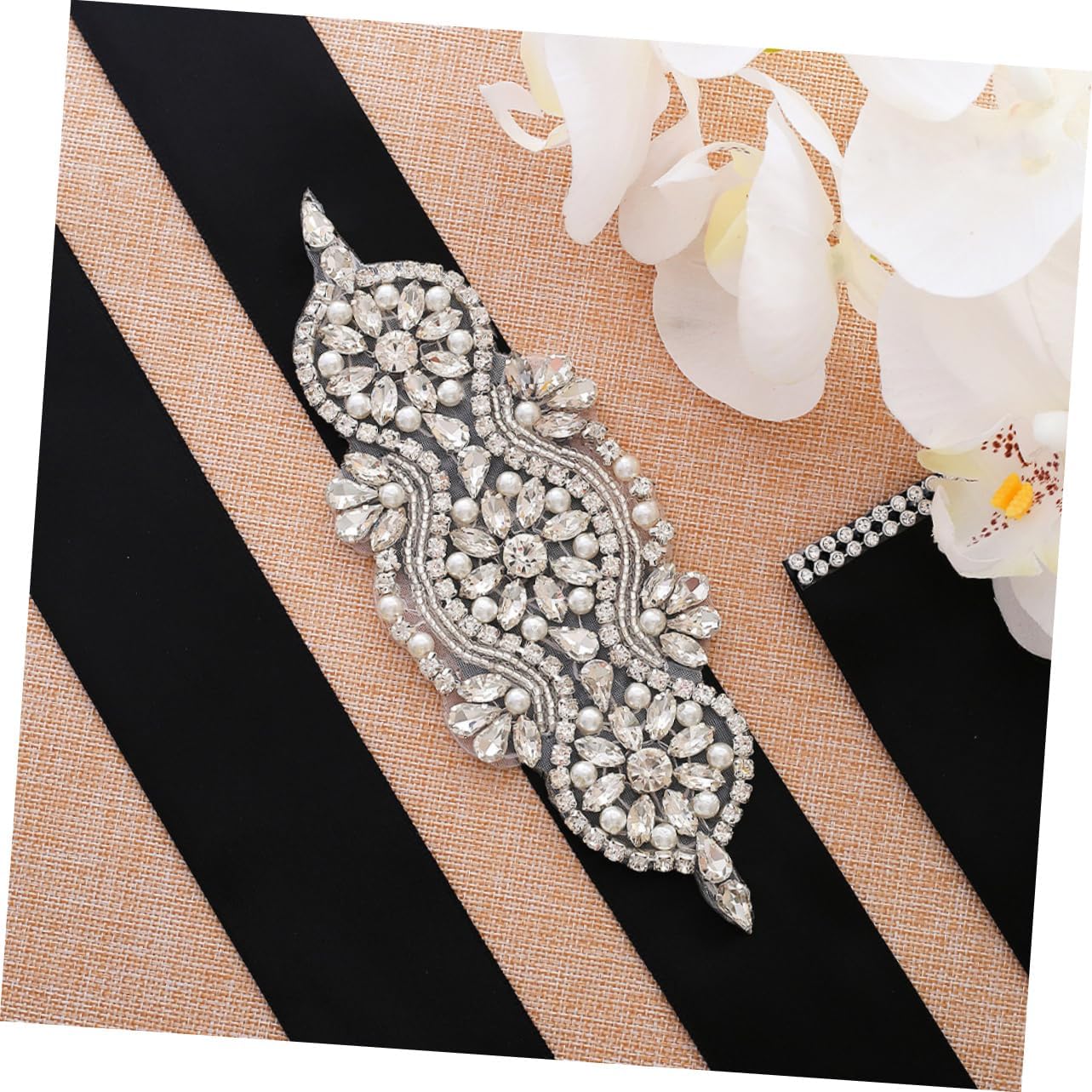 ARTIBETTER Rhinestone Pearl Applique for Wedding Accessories DIY Dress and Belt Decoration Adhesive Backed Sparkling Rhinestone Patch for Bridal Headbands and Crafts