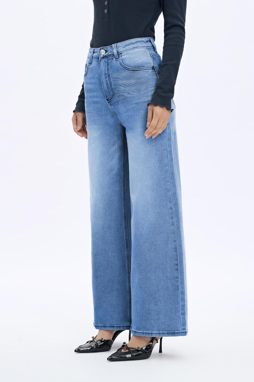 ONESO Wide Leg Jeans for Women High Waisted Stretchy Baggy Jeans BBL Loose Fit Tummy Control Denim Pants Raw Hem Casual