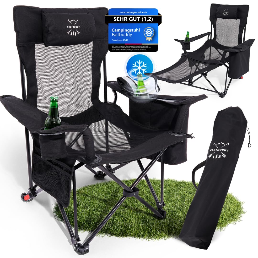 Faltbuddy® Campingstuhl faltbar & Liegestuhl klappbar 2in1 180Kg schwarz [XXL Kühltasche] Faltstuhl I Klappstuhl I Angelstuhl Campingliege Strandliege klappbar leicht - Angler Strand Festival Outdoor