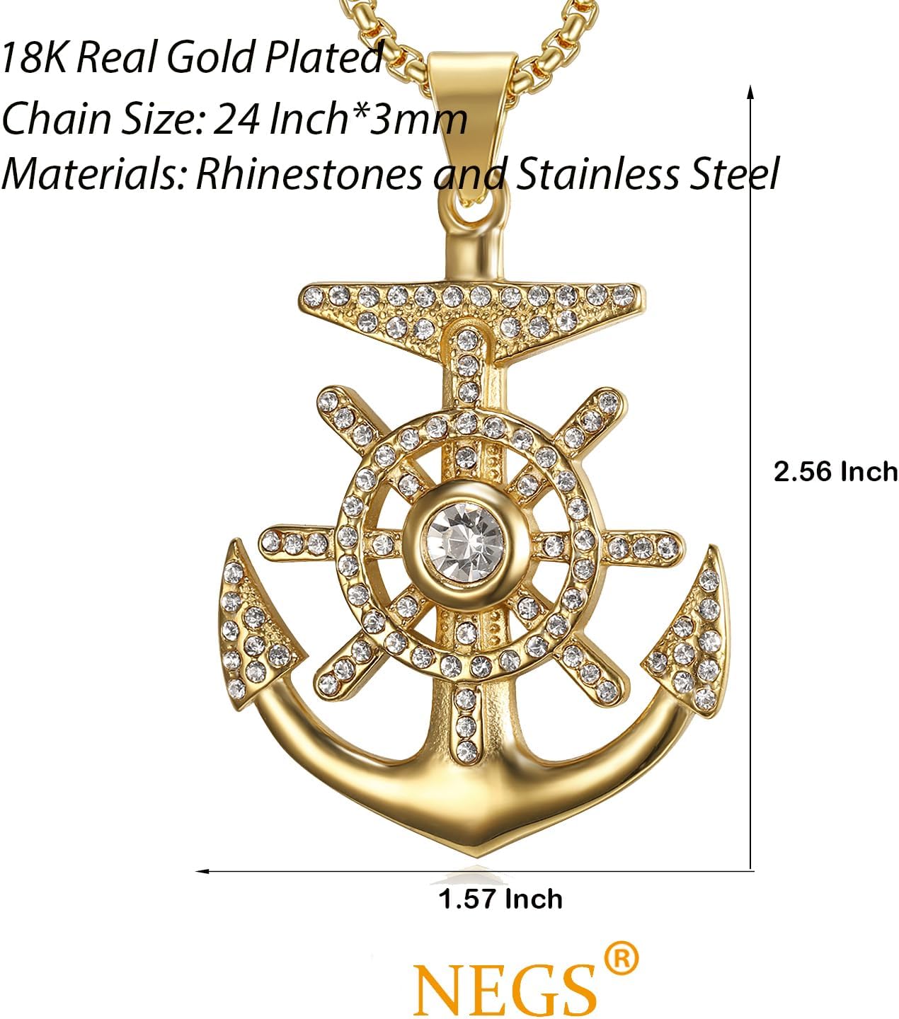 NEGS 18K Gold Plated Vintage Nautical Anchor Pendant Stainless Steel Rock Necklace for Men, 24 Inch Chain Hip Hop Vintage Navy Jewelry - Image 6