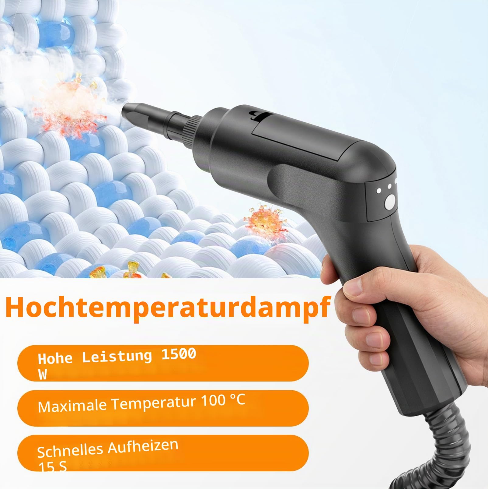 Dampfreiniger Handgerät, Dampfreiniger für Haushalt und Auto, 3 Dampfstufen | am Griff einstellbar, 15 Sekunden Aufheizzeit, 1600 ml Tank, Handdampfreiniger für Autos, Steam Cleaner für Boden