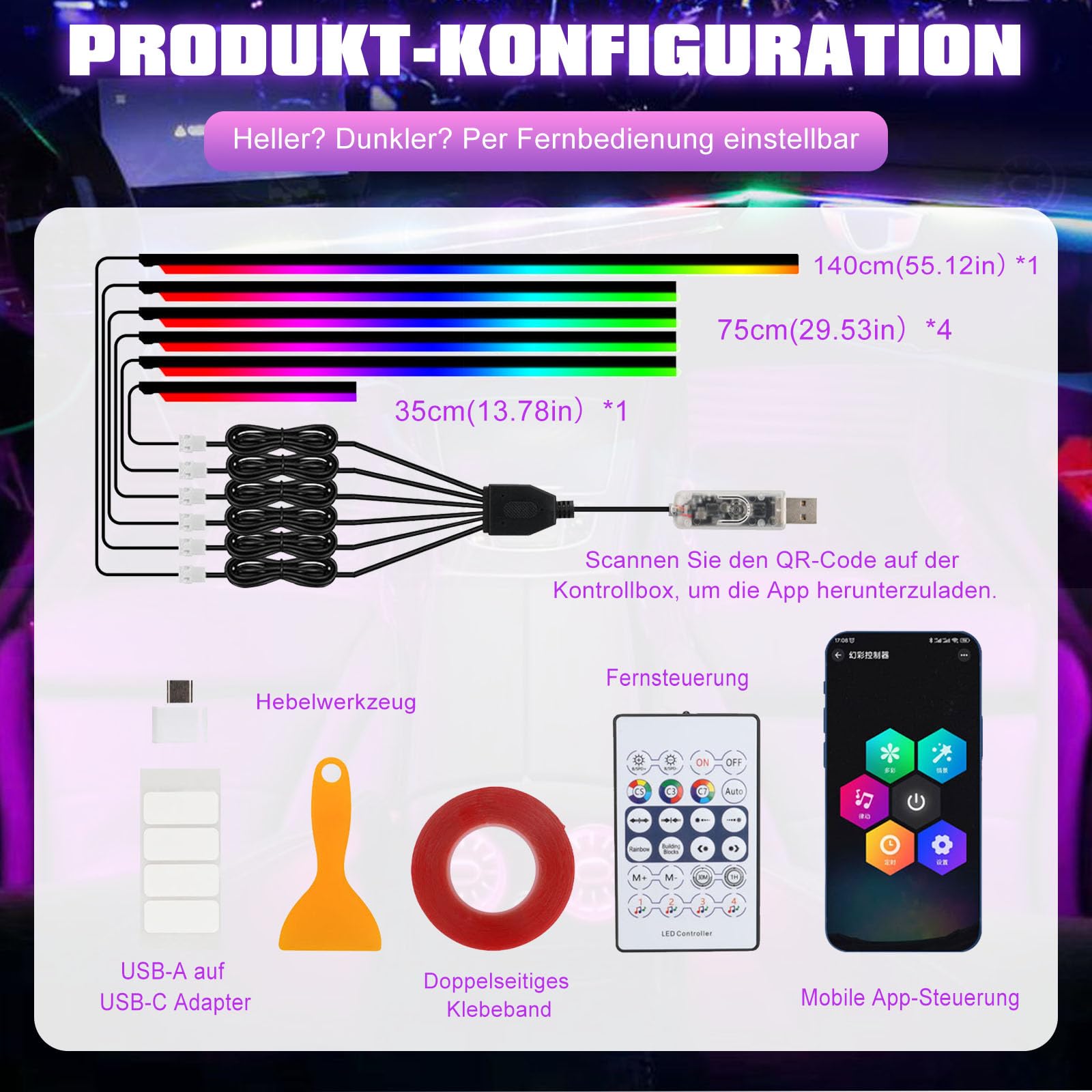 Oświetlenie wewnętrzne LED do samochodu, 6/10 w 1, RGB, akrylowa taśma z aplikacją i pilotem zdalnego sterowania, neonowe listwy świetlne, wielokolorowa, migająca zmiana kolorów z muzyką (bez światła