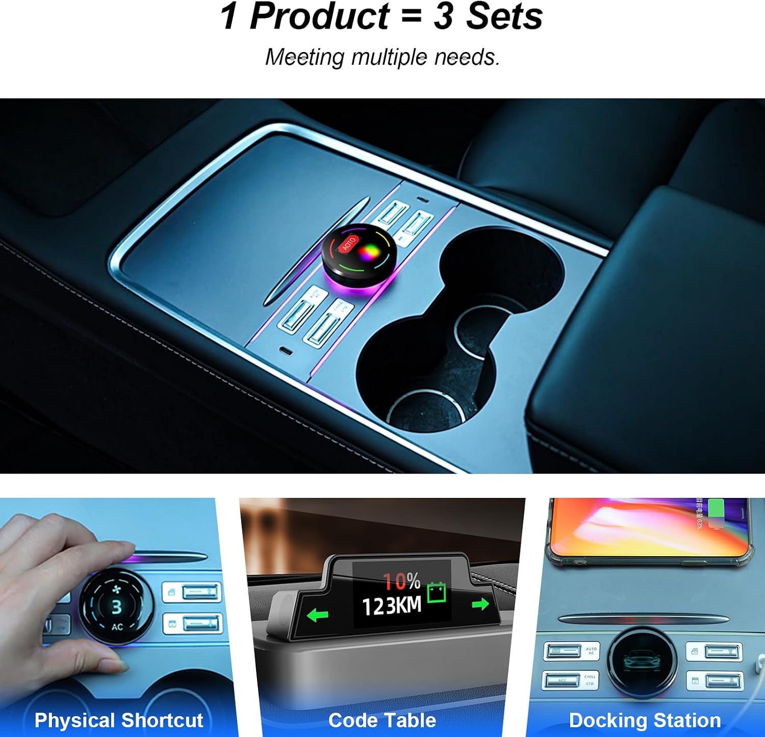 Fit for Tesla LCD Intelligent Control Expansion Dock + LCD Instrument, Intelligent Physical Button Knob, Music Adjustment, 2 Type C Charger Port, Fit for Tesla Model Y/Model 3 (2021-2024)