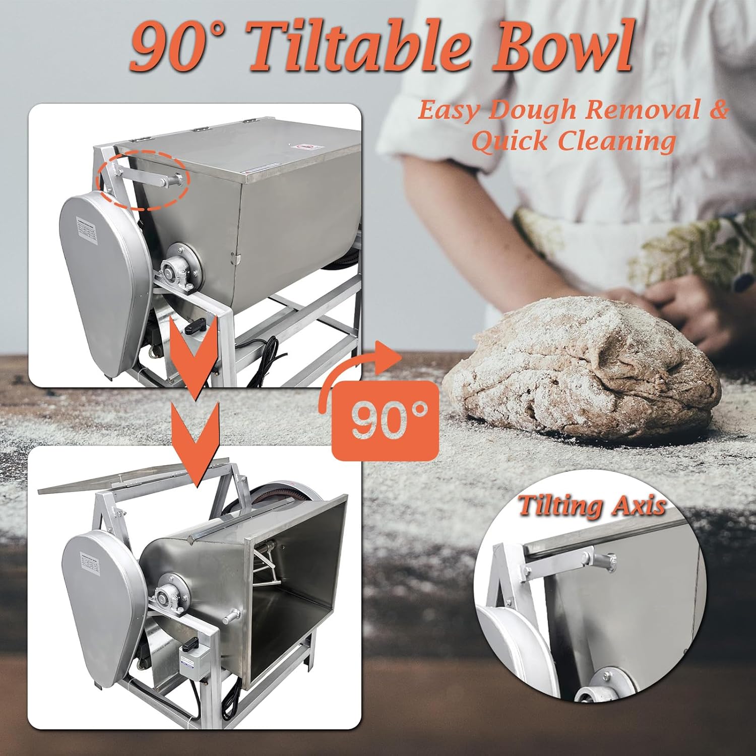Commercial Dough Mixer 50KG 110LB 3000W, Heavy Duty Electric Spiral Flour Mixing Machine with 90 Degree Tilt Bucket, 110V without Plug for Restaurant Bakery Canteen Noodle Dumpling Meat