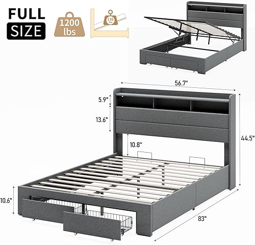 Vista 2 de Cama de almacenamiento elevable de tamaño matrimonial, cabecera de almacenamiento iluminada RGB con estación de carga, marco de cama matrimonial