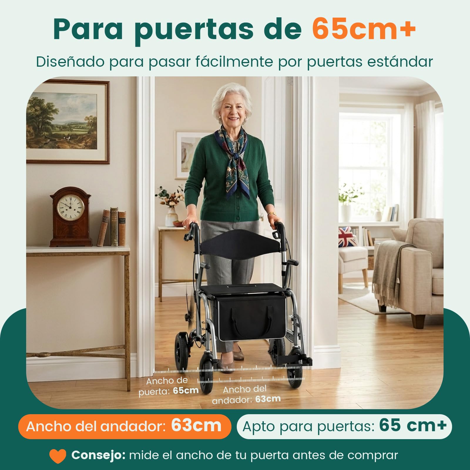 Andador con asiento, 2 en 1 de 4 ruedas y Silla de transporte, Soporta hasta 136 kg, Ruedas TPU de 8"" delanteras y 10"" traseras, Doble freno, Plegable, Altura ajustable, Bolsa almacenamiento, Gris