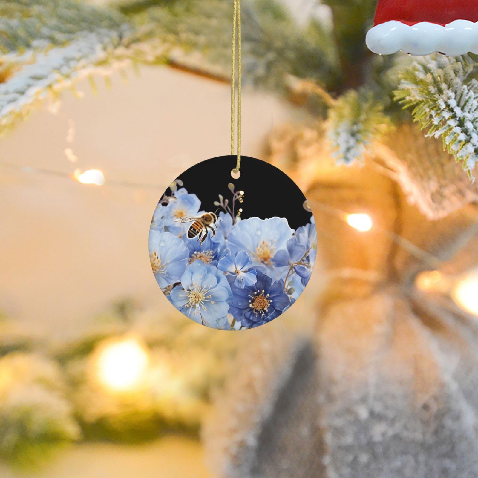 Christmas Tree Ornaments Ceramics Christmas Round Decorations Blue Flowers and Bees Ceramics Ornaments Circle Pentagram Xmas Tree Hanging Pendant for Christmas Tree Party Holiday Home Decor