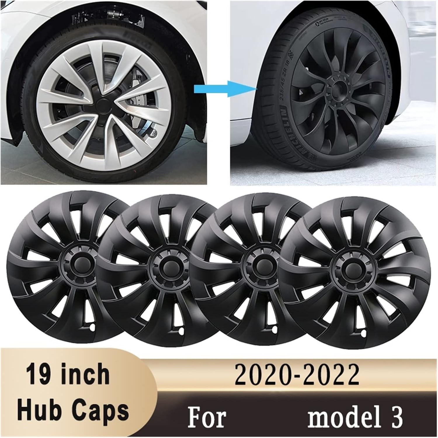 4PCS 19-inch Wheel Hub Cover Ring Car External Tire Decoration, Compatible For Tesla Model 3 2020-2022 (Color : Carbon Look)