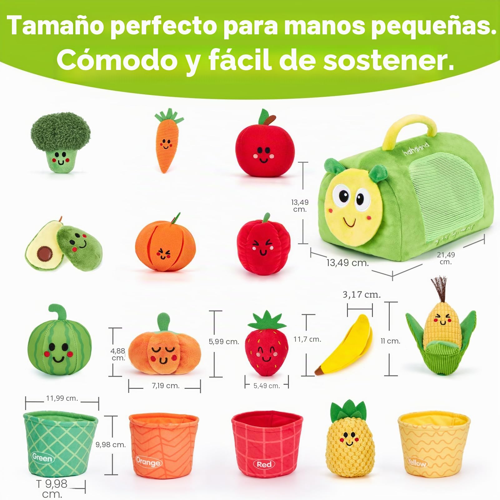 hahaland Peluches de Frutas y Verduras, Juguetes Bebes 6-12 Meses con Sonajas y Cesta y Bolsa-Oruga, Juguetes Montessori Educativos para Bebé 9 12 18 Meses, Regalo Juguetes Niños 1 Año
