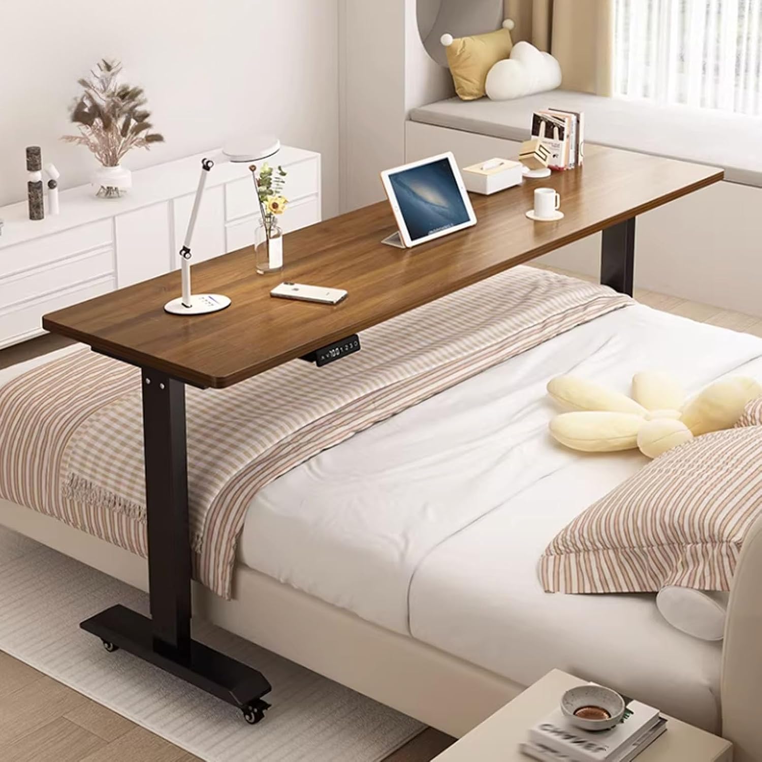 Electric Bed Table Height Adjustable Overbed Table with Wheels, Mobile Over Bed Desk with Adjustable Stand, Mobile Laptop Cart Computer Desk for Bed Office(Brown+Black,150cm/59'')