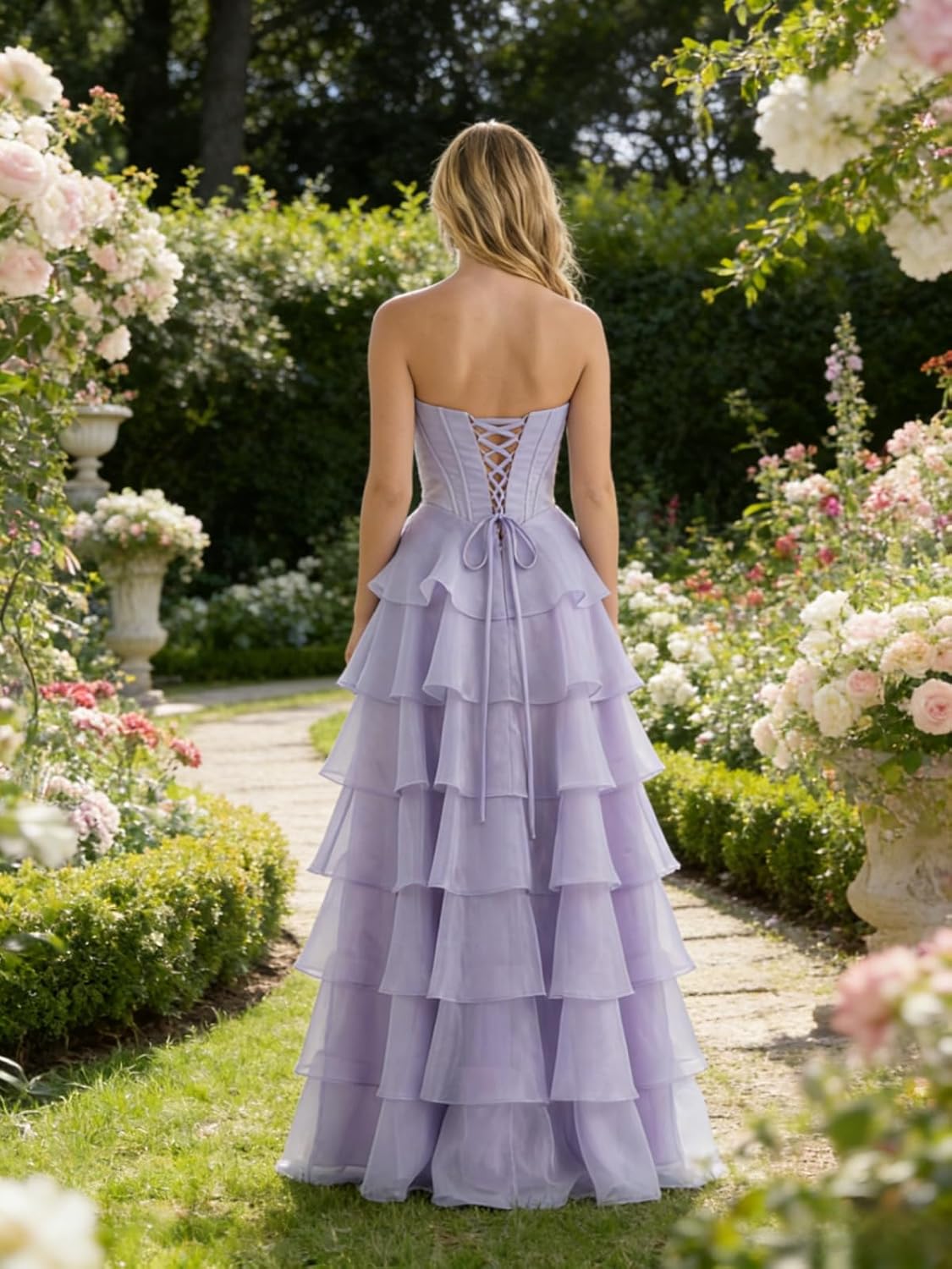 Strapless Sparkly Tulle Prom Dresses 2026 for Teens with Slit Corset Sequin Tiered Pleated Formal Evening Ball Gowns