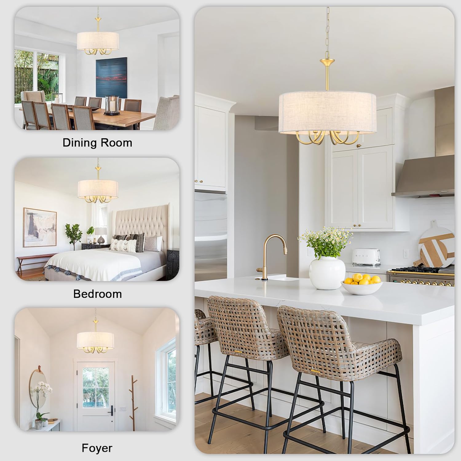 18" Gold Drum Chandelier for Dining Room, 6-Light Farmhouse Chandelier Gold Drum Hanging Light Fixture for Kitchen Island Bedroom Living Room Entryway Foyer