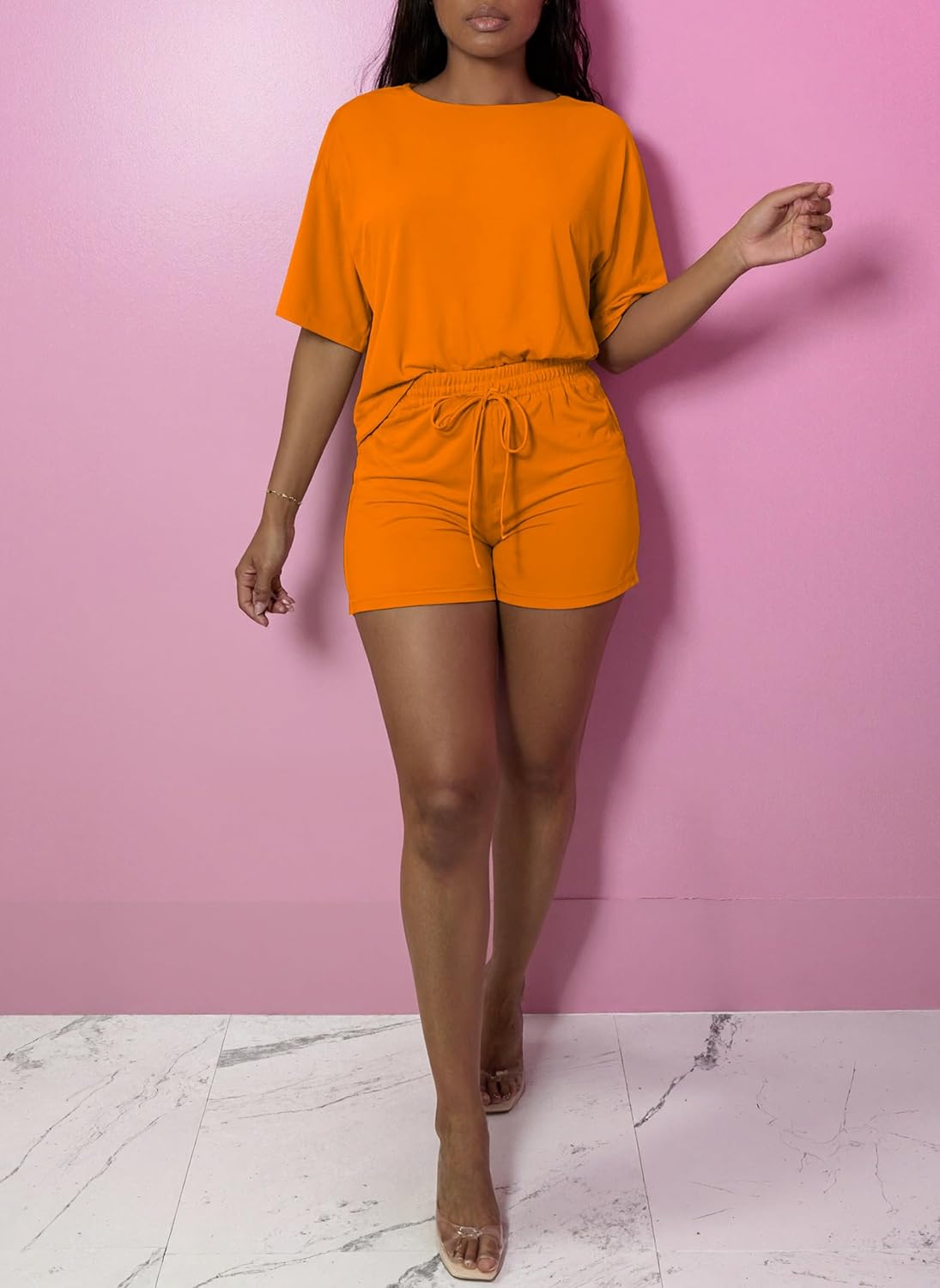 Ulovmi Womens Two Piece Sets Summer Short Sleeve Tops Biker Short Matching Casual Lounge Outfit - Image 3