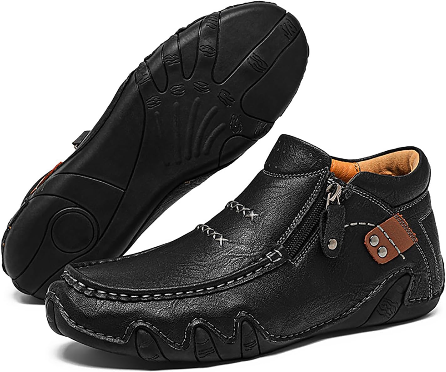 Men's Leather Hand Stitching High Top Ankle Boots Comfort Slip On Orthopedic Leather Boots Men Side Zipper Driving Hiking Casual Non-Slip Waterproof Driving Chukka Boots