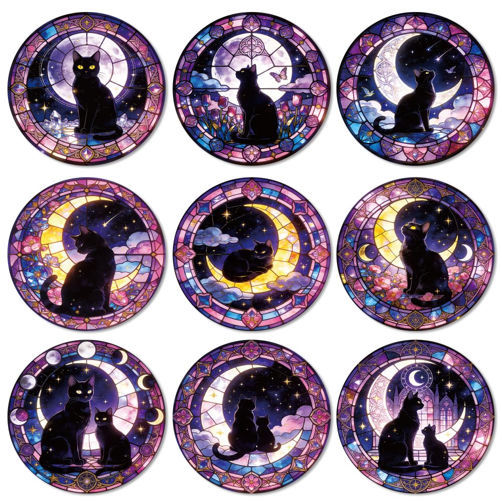 ANATTASOUL Black Cat and Moon Phase Wood Coasters Set of 9 for Coffee Table