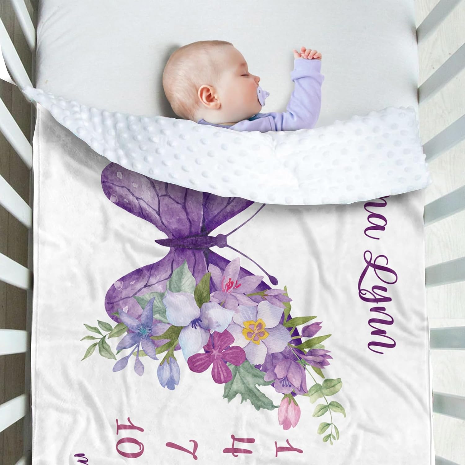 Custom Baby Monthly Milestone Blanket - Personalized Name with Butterfly Design Photography Background - Soft Plush Blankets with Double Layer Dotted Backing for Boys Girls Gift Color08(30"x40")