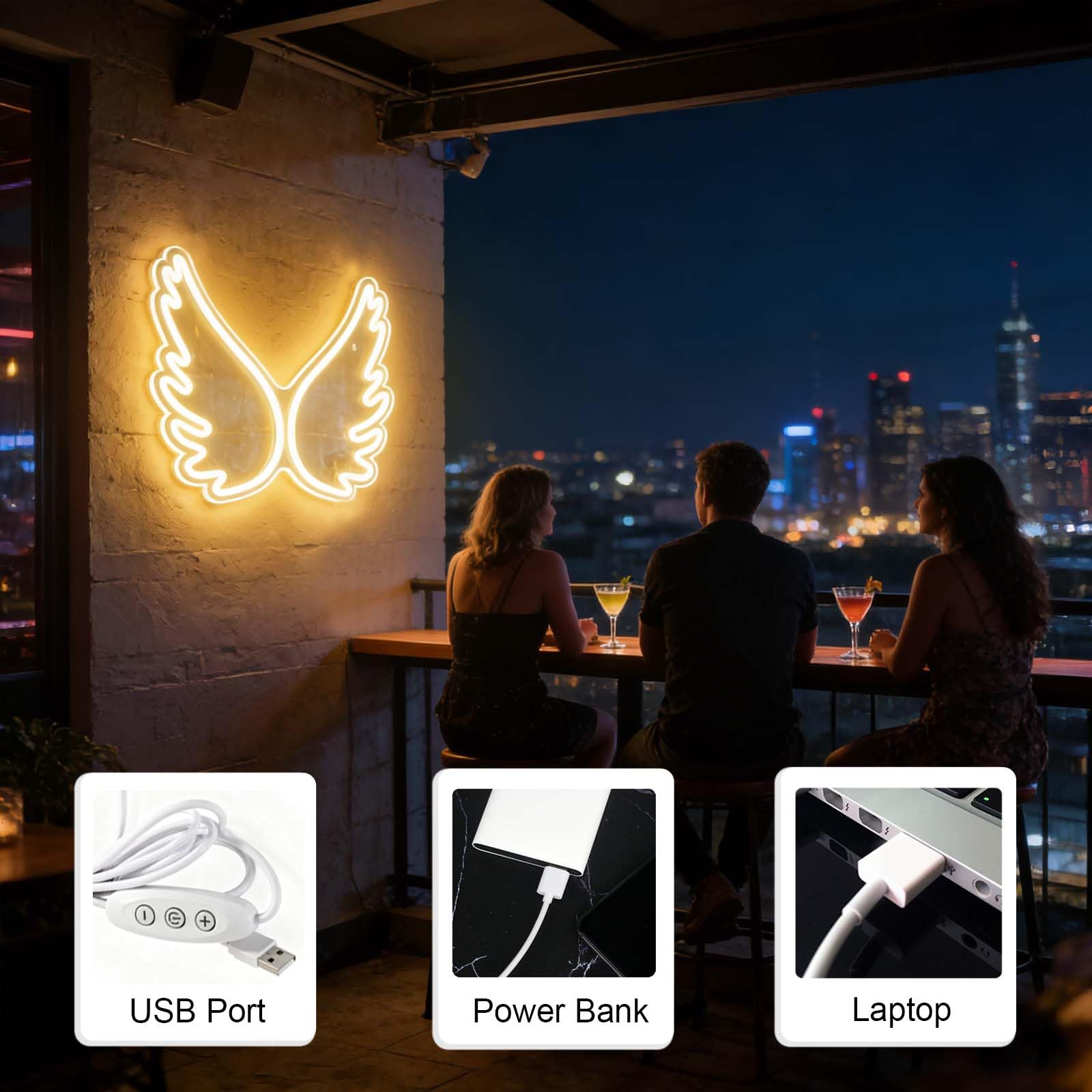 Angel Wings ciepły biały neonowy znak w kształcie skrzydła akrylowy dekoracyjny lampka nocna zasilana przez USB znak świetlny odpowiedni do baru sklepu, dekoracji okna, kawiarni, klubu, sypialni (5 V