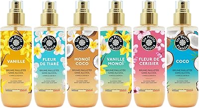 Les Petits Plaisirs - Lot de 6 (dont 1 offerte) - Brumes pailletées, Vanille Monoi, Monoi Coco, Fleur de Cerisier, Fleur de tiaré, Solaires & sensuelles. Coffret cadeau. Made in France. 6 x 200ml