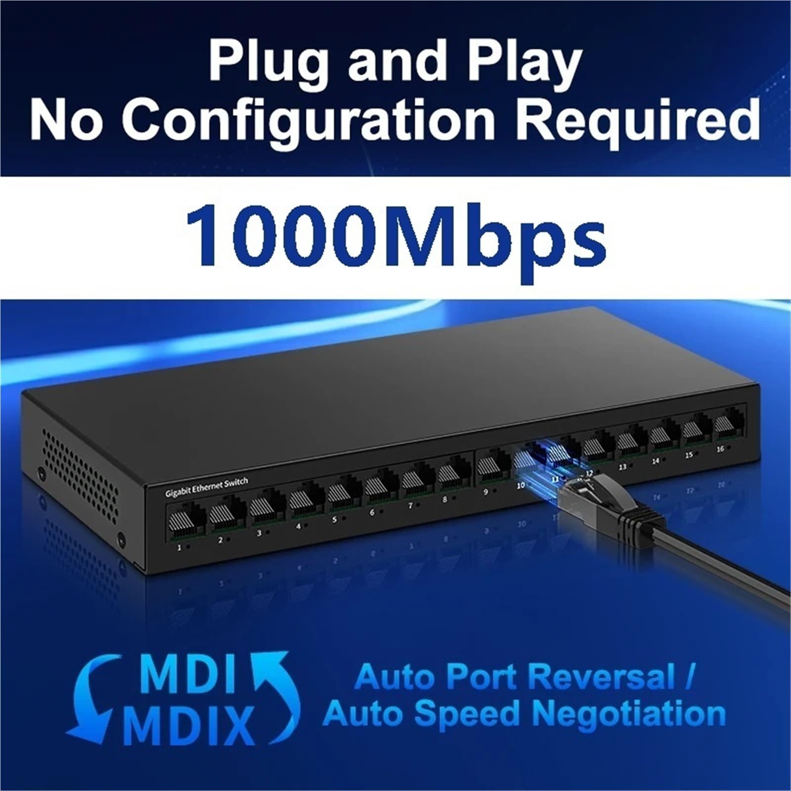 Przełącznik przemysłowy Gigabit 16-portowy przełącznik sieciowy Homelab Ethernet bez wentylatora biurkowego 1000 m (adapter AU)