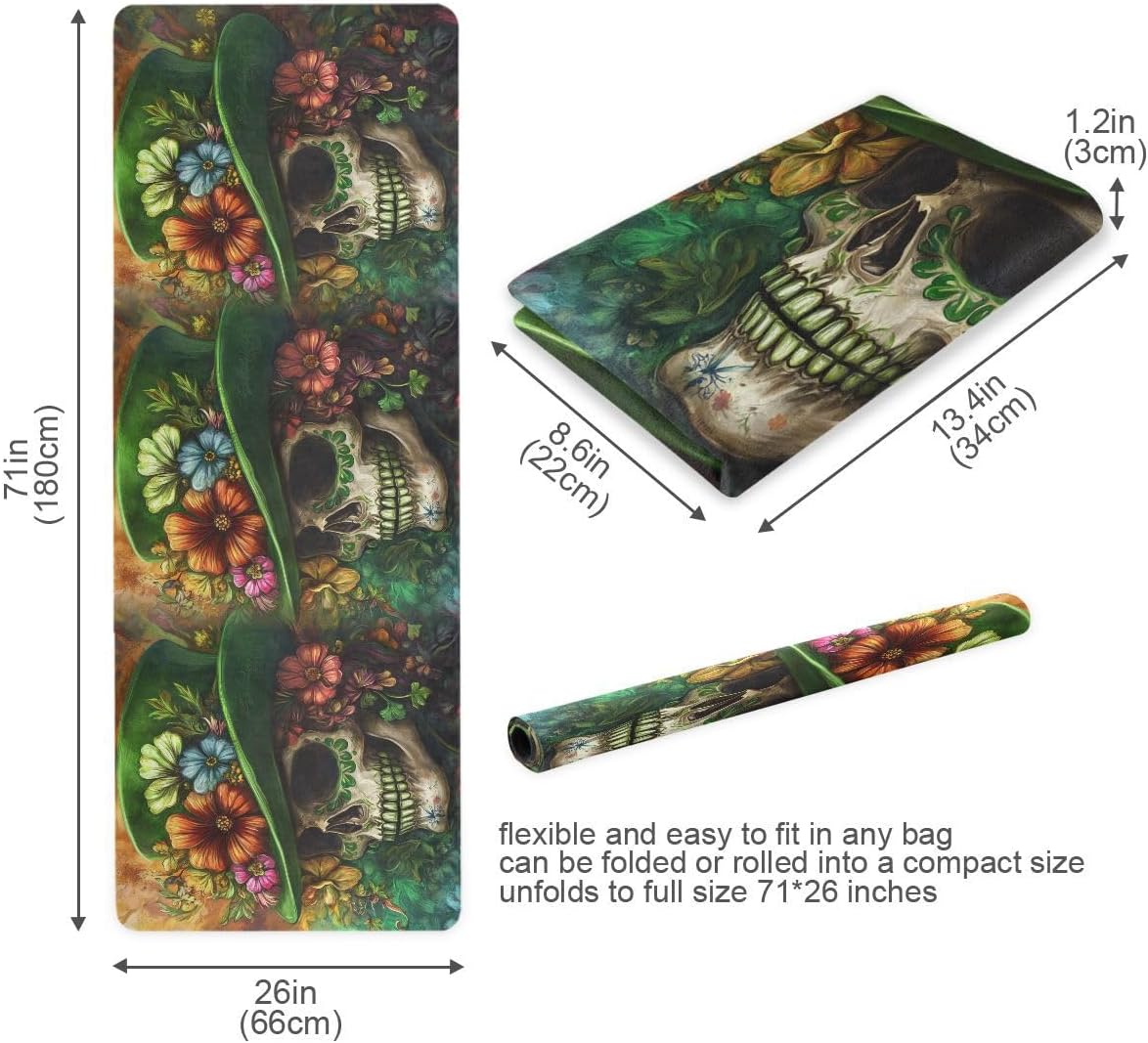 ALAZA St Patrick's Day Floral Skull Yoga Mat Non Slip Fitness Exercise Mat, Workout Mat for Yoga, Pilates and Floor Exercises
