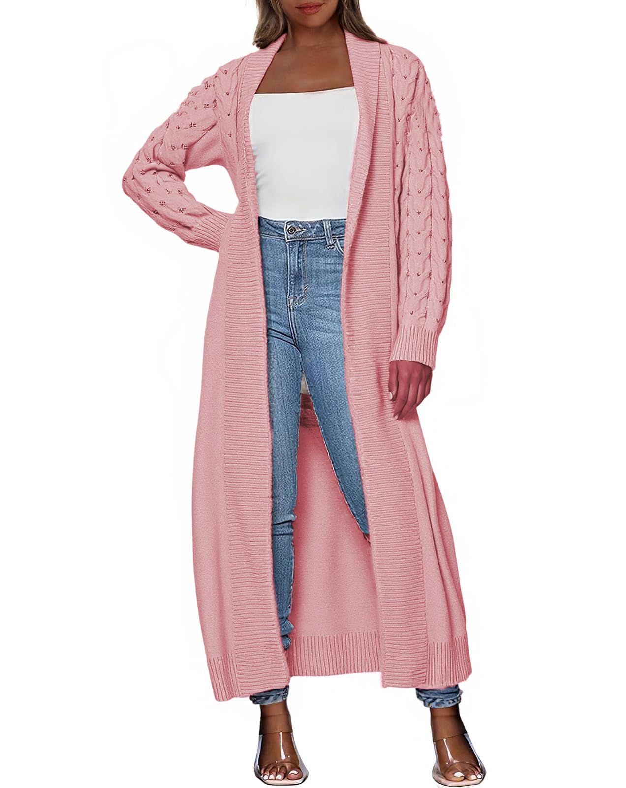 Women Knit Long Cardigan Long Sleeve Open Front Lapel Oversized Sweater Coat Fall Duster Outerwear Clothes
